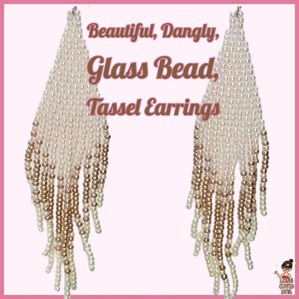 🤍🩷NEW/Beautiful, Dangly, Glass Bead/Tassel Earrings/Cream, Pink, Champagne